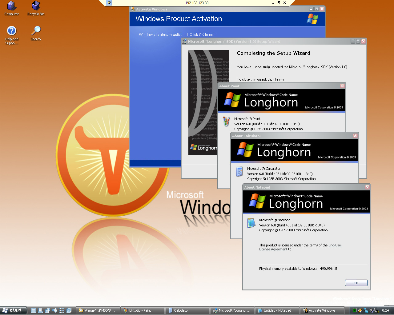 Paint, Calculator and Notepad on Longhorn