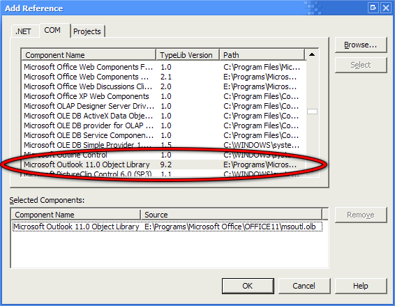 Adding the Microsoft Outlook 11.0 Object Library reference