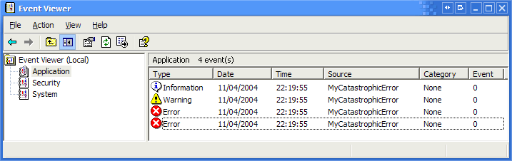Event Viewer showing the logged error