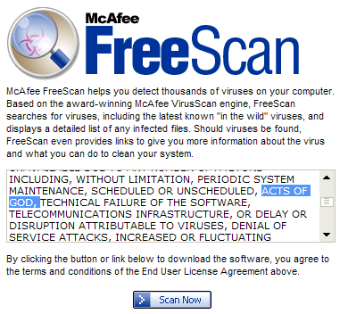 McAfee licence agreement mentioning acts of God