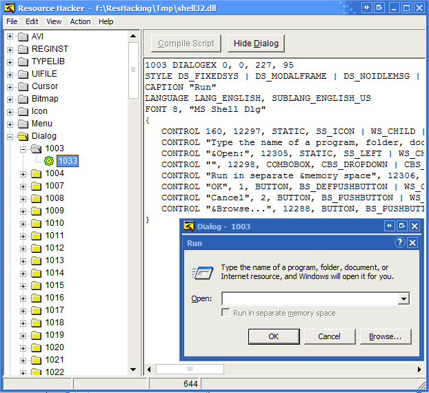 Dialog 1003, the Run box