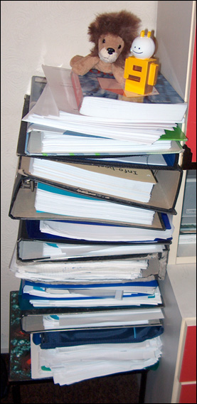 Channel 9 guy and the Azlan mascot on my pile of exam books