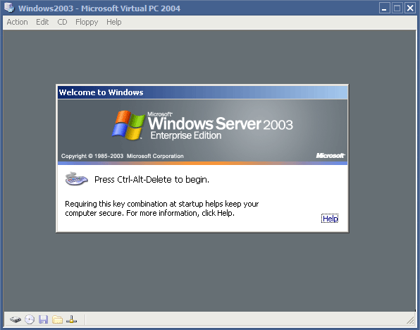 Windows Server 2003 welcome screen in Virtual PC 2004