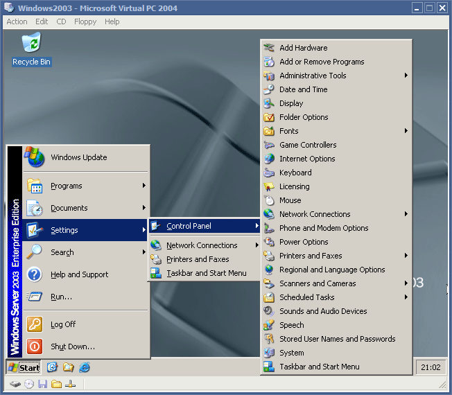 Windows Server 2003 desktop in Virtual PC 2004