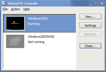 Virtual PC Console with the Windows2003 and Windows2003WSS machines