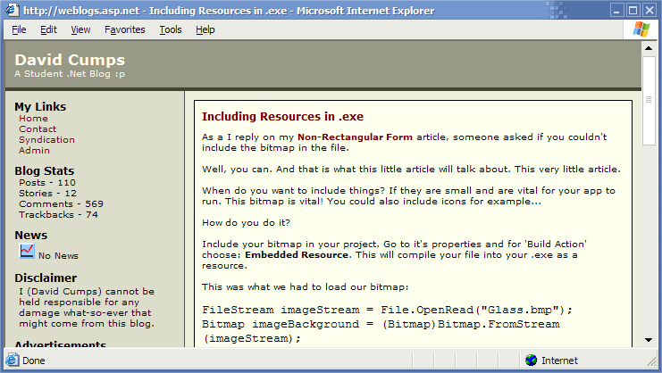 My blog on weblogs.asp.net during the internship