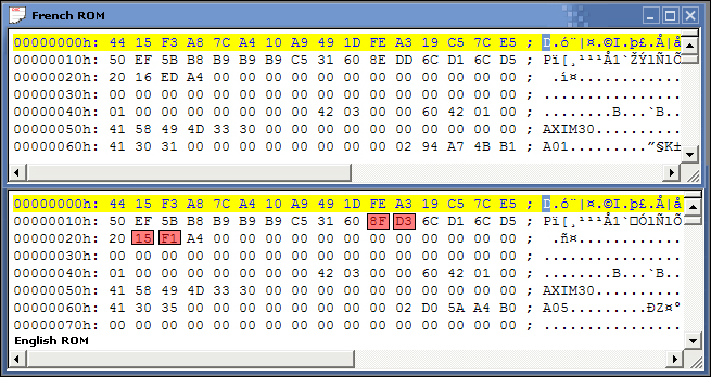 French and English ROM headers compared in a hex editor